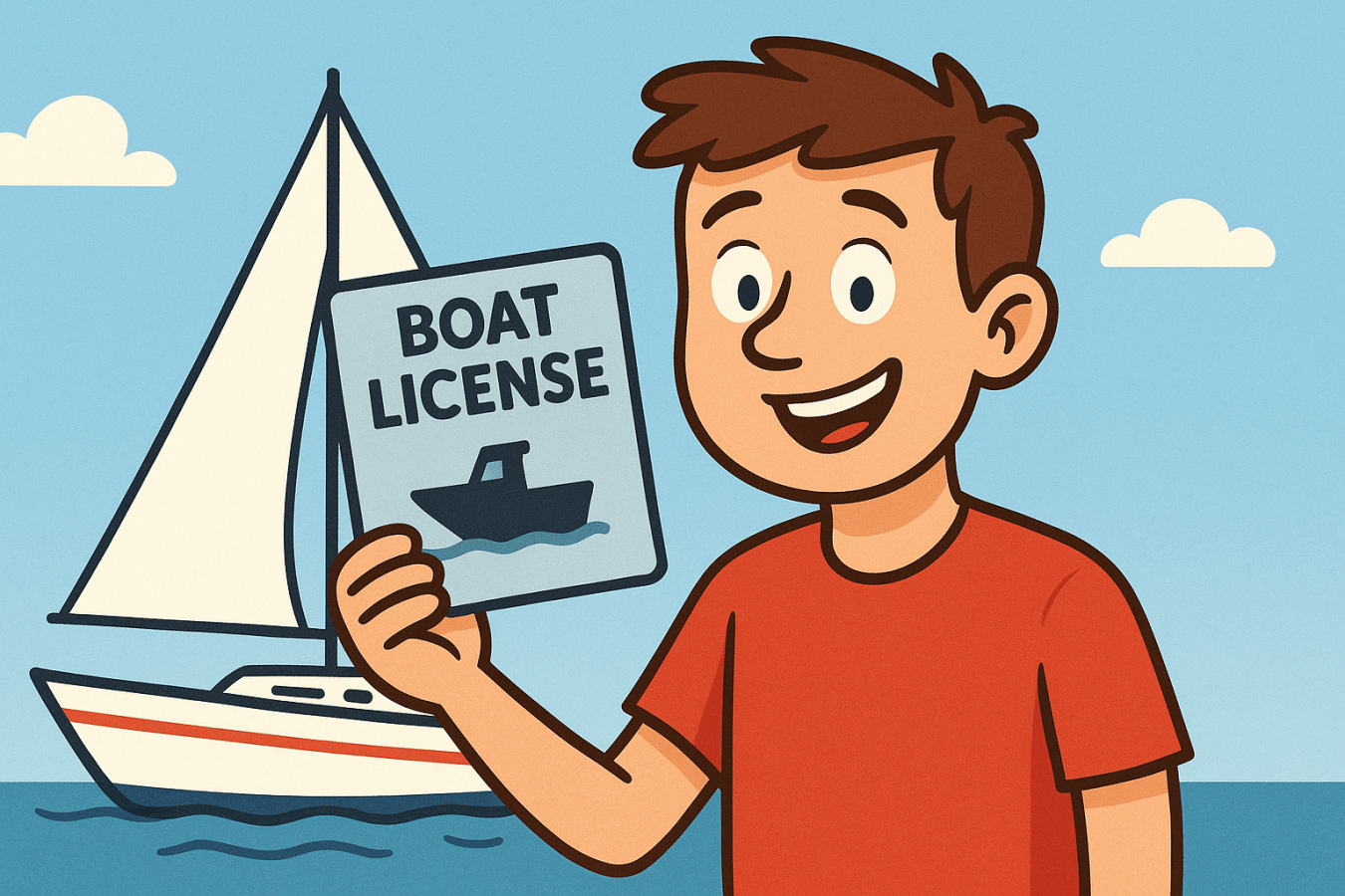 Cartoonfigur mit Bootsführerschein vor Segelyacht