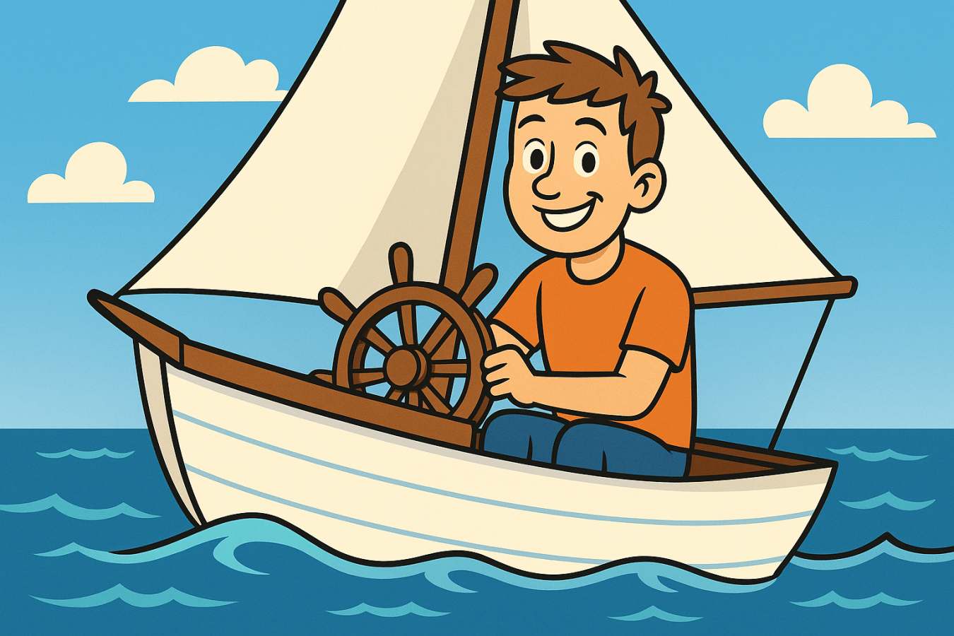 Ilustração de uma personagem a velejar num iate