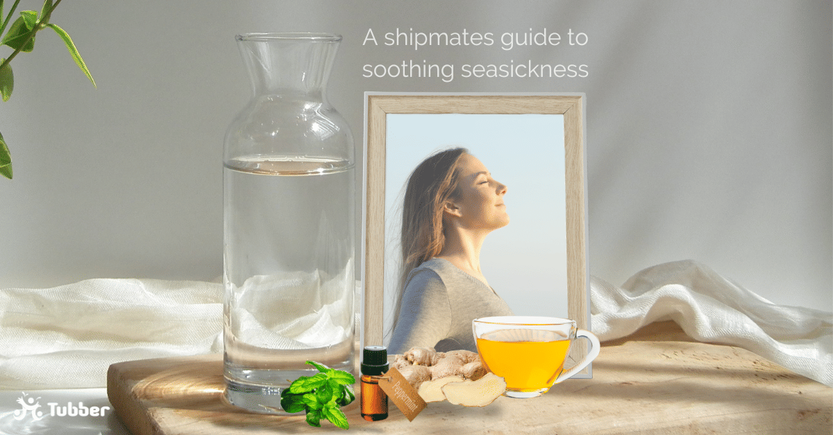 Remedies to seasickness, showing a bottle of water, mint tea and oil, ginger tea and an image of a girl breathing fresh air