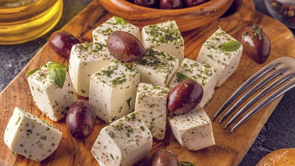 Feta Cheese covered with basilicum and olives