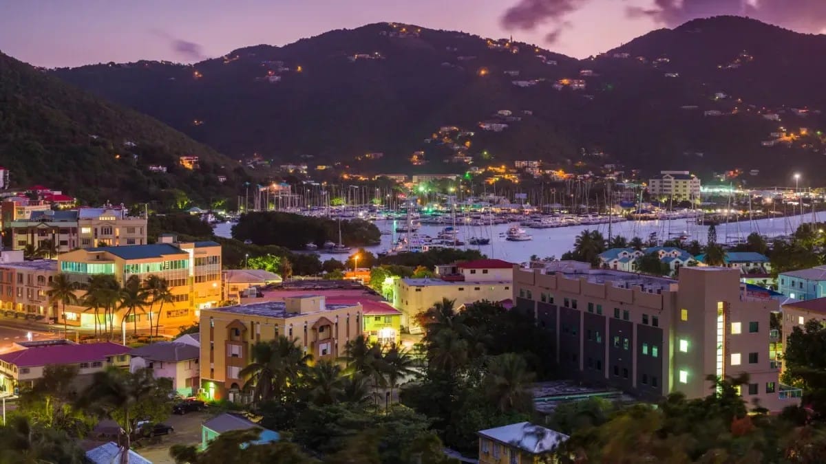 Road Town in the British Virgin Islands in the evening showing its nightlife.