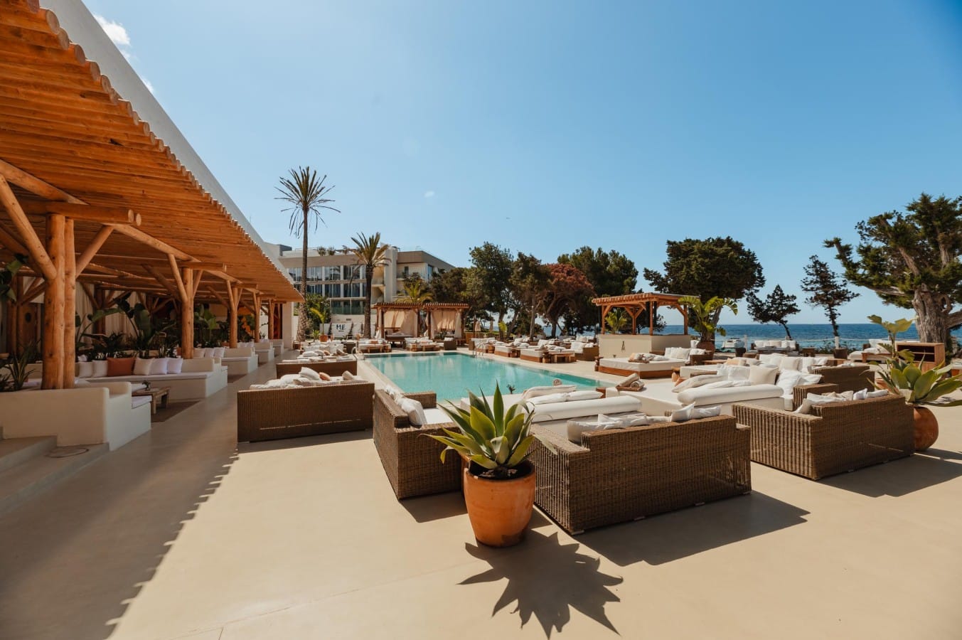 Nikki Beachs lounge area on Ibiza with a clean and relaxing atmosphere.