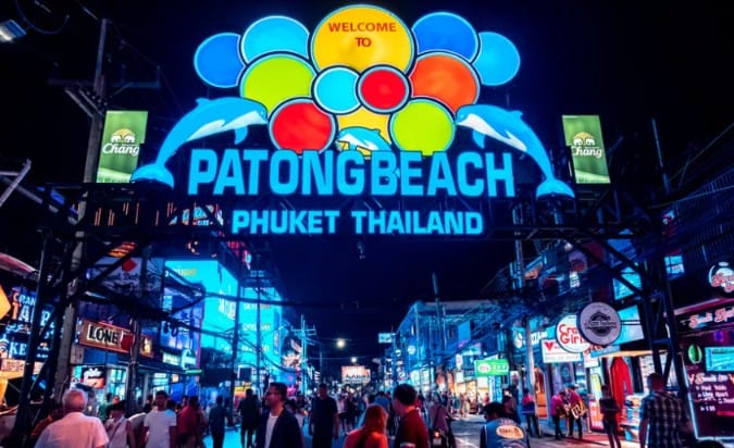 The official welcome sign of Patong Beach in Phuket in Thailand.